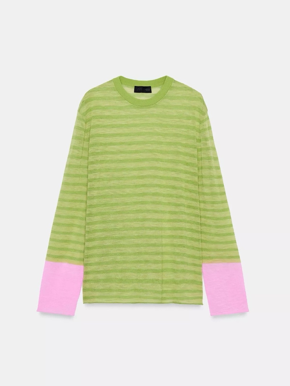 Zara Green Striped Long-Sleeve Top with Pink Cuffs